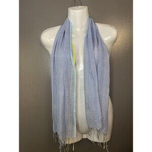 Gamut Scarf Womens One Size Lightweight Blue Gauze Fringe Wrap Aqua Yellow Trim